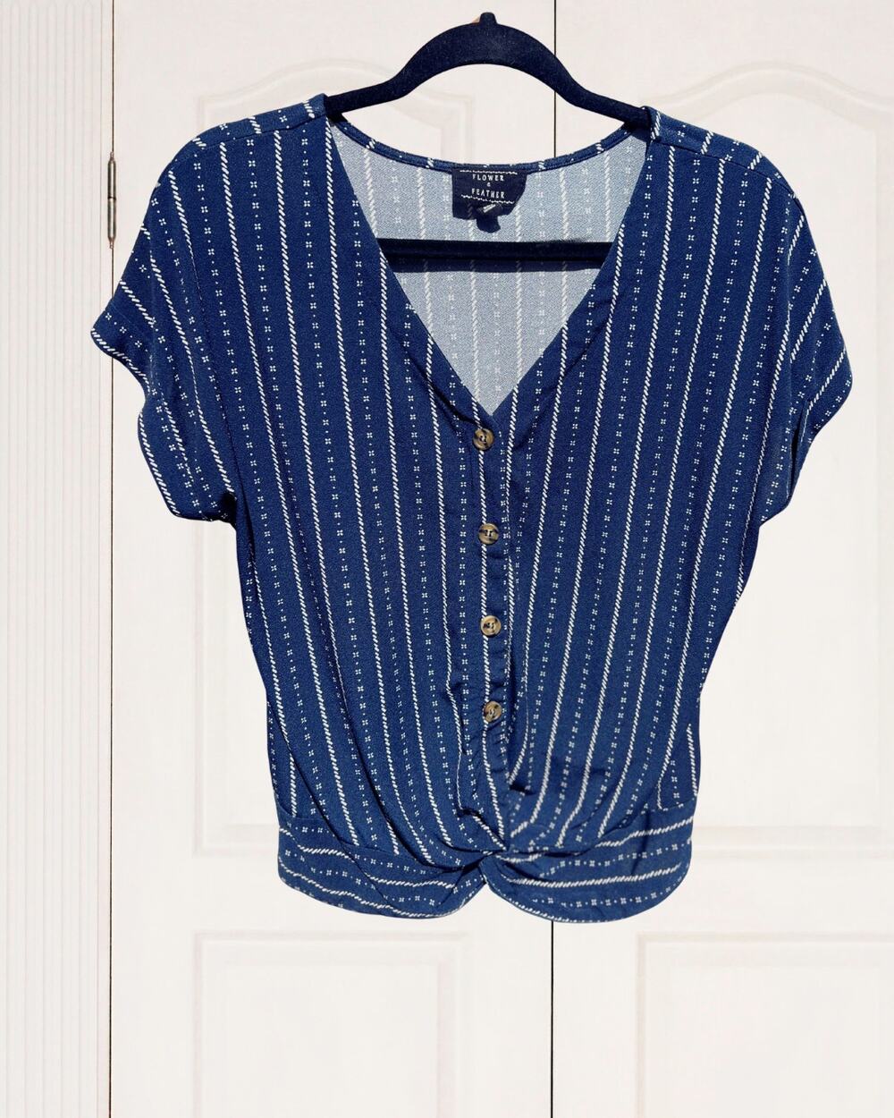 Flower + Feather Short-Sleeved V-Neck Button-Up Blouse